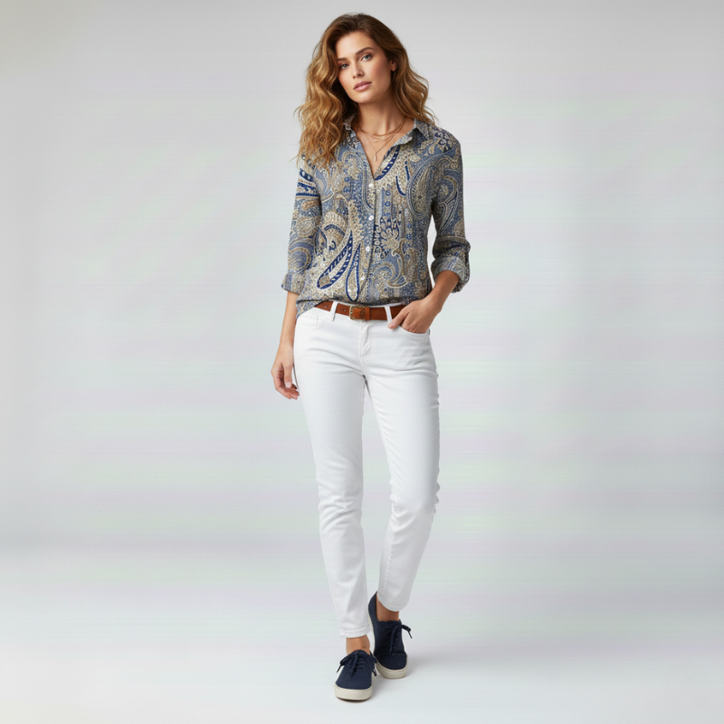 Woman wearing a patterned shirt and white pants on a plain background