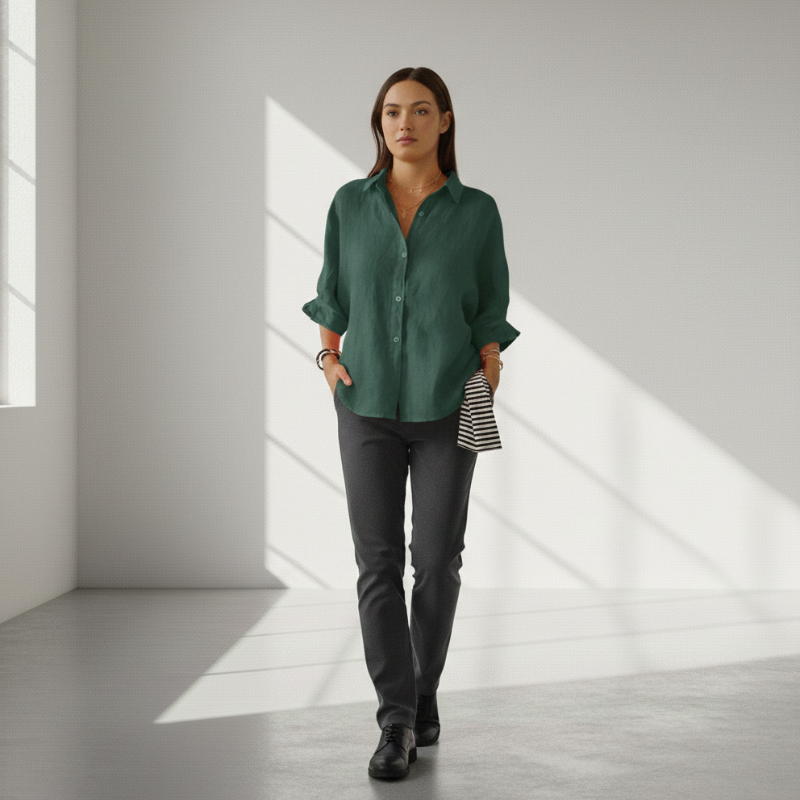 Woman wearing a green shirt and dark pants in a bright room with sunlight filtering through.