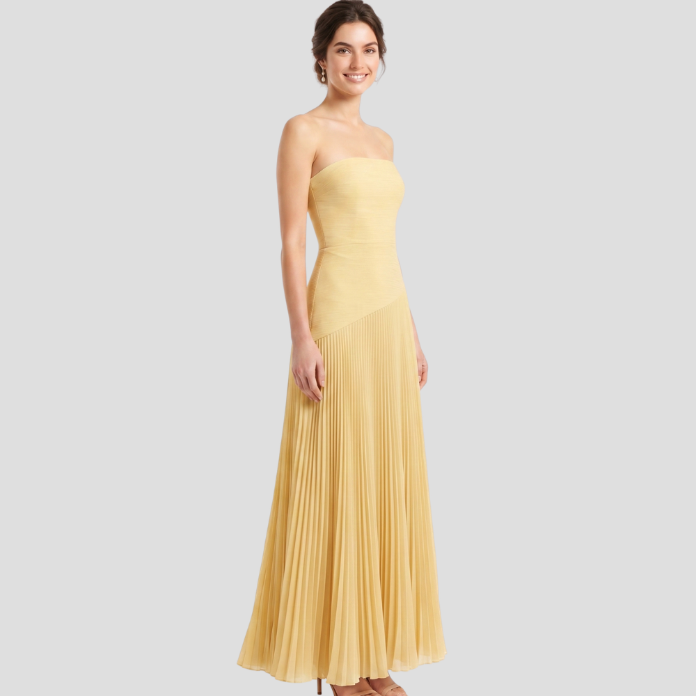 Women Elegant Strapless Maxi Dress Pleated Flowing