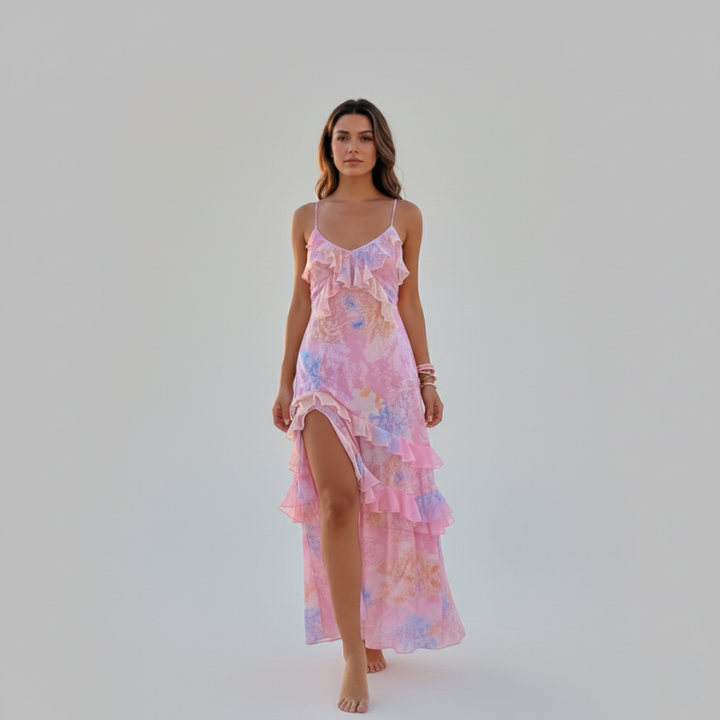 Amelia | Ruched Layered Spaghetti Strap Maxi Dress