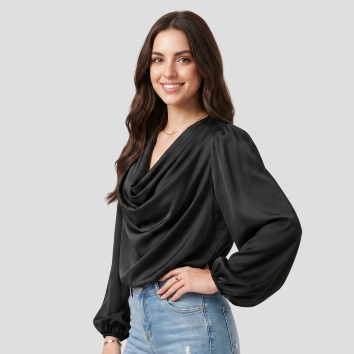 Women Elegant V Neck Blouse Stylish Long Sleeve