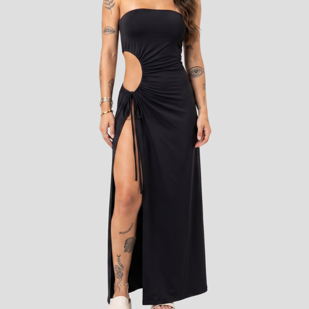 Women Elegant Strapless Maxi Dress Cutout Slit