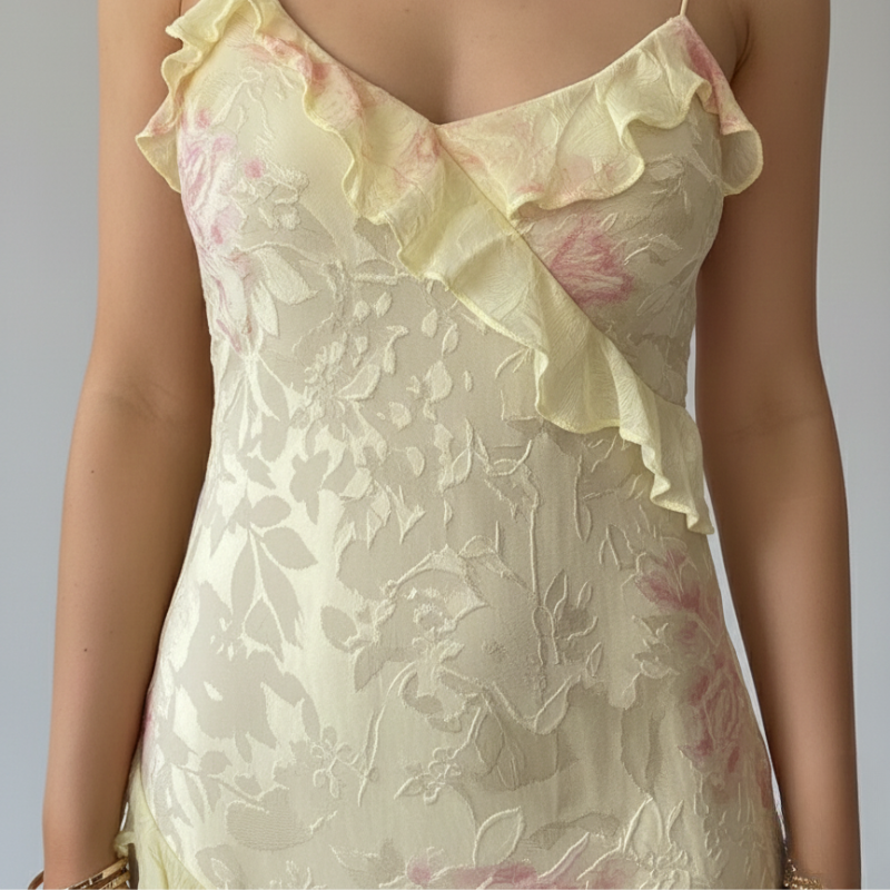 Light yellow floral dress with ruffled neckline on a plain background