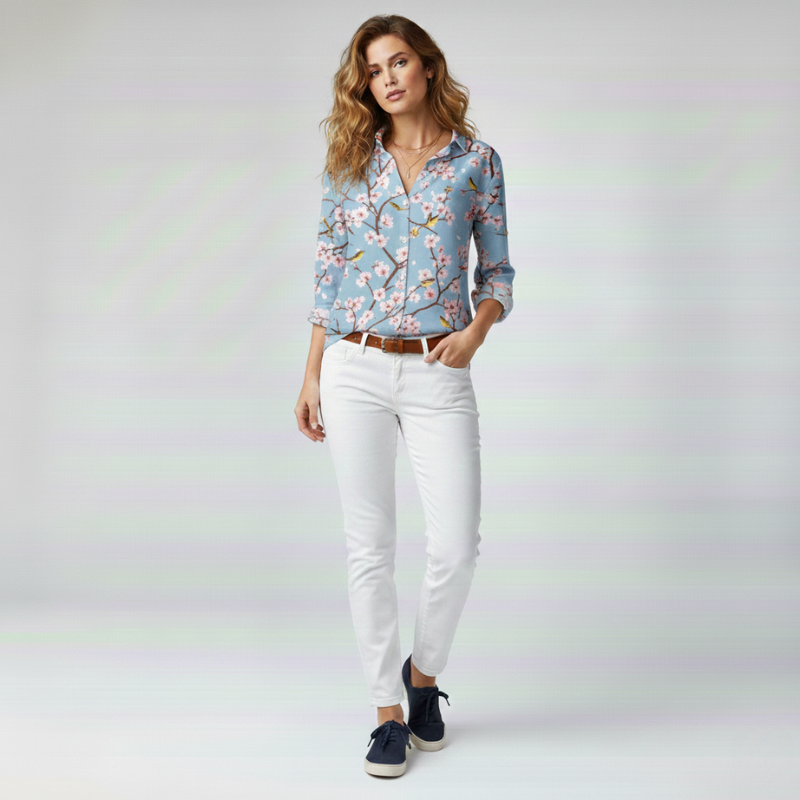 Woman wearing a floral blouse and white pants on a light gray background