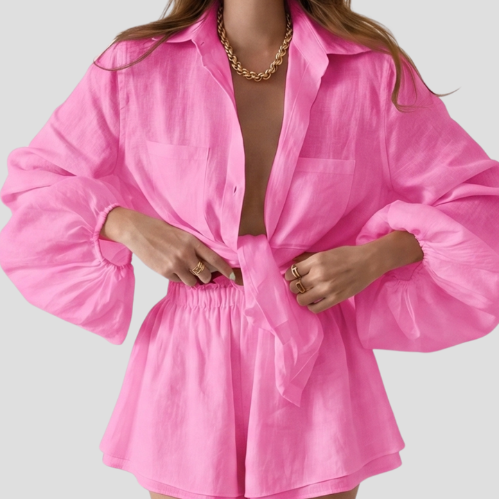 Women Stylish Summer Button Up Shirt Shorts Set