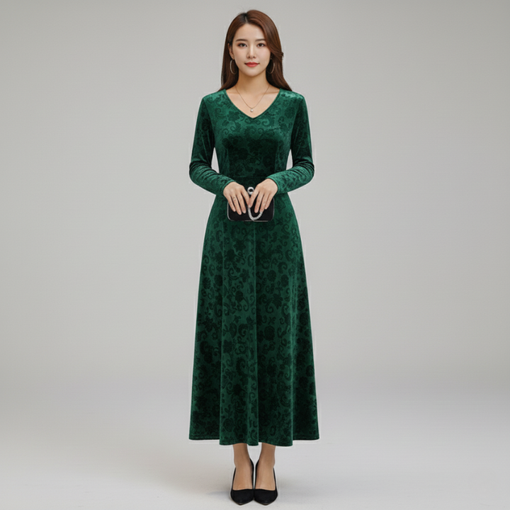 Women’s Elegant Floral Velvet Maxi Dress V Neck Evening