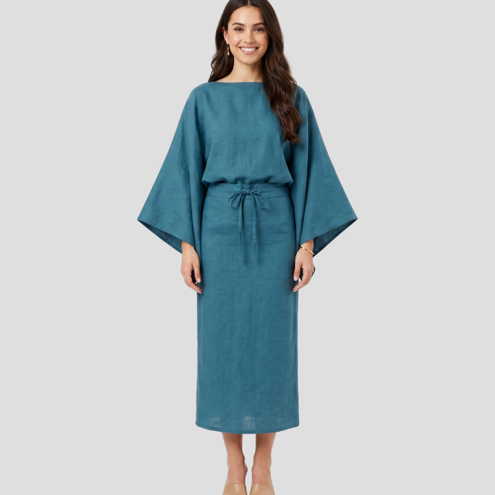Women Elegant Midi Dress Kimono Sleeve Stylish