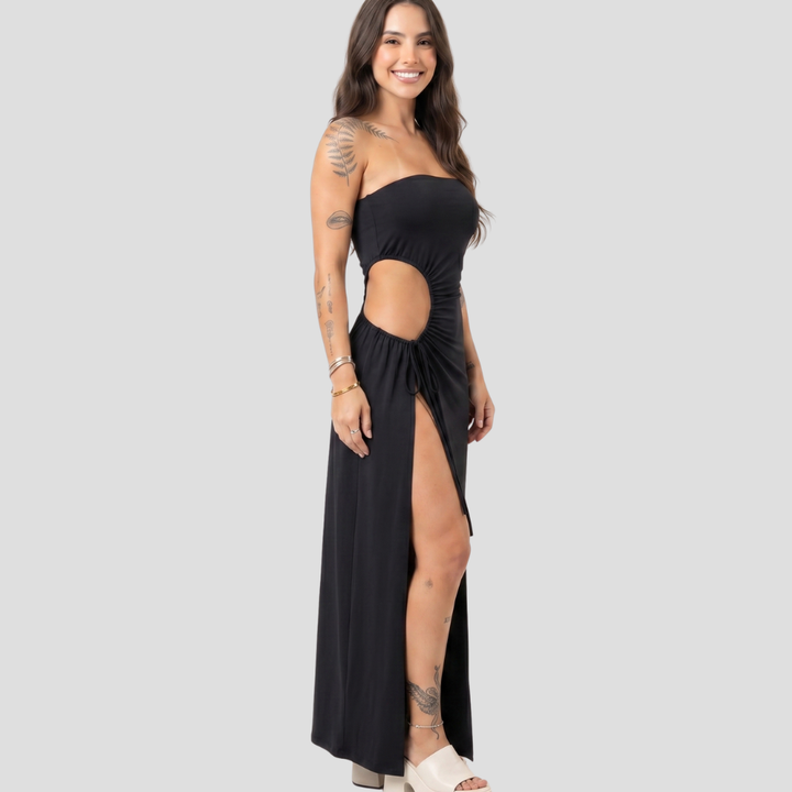 Women Elegant Strapless Maxi Dress Cutout Slit