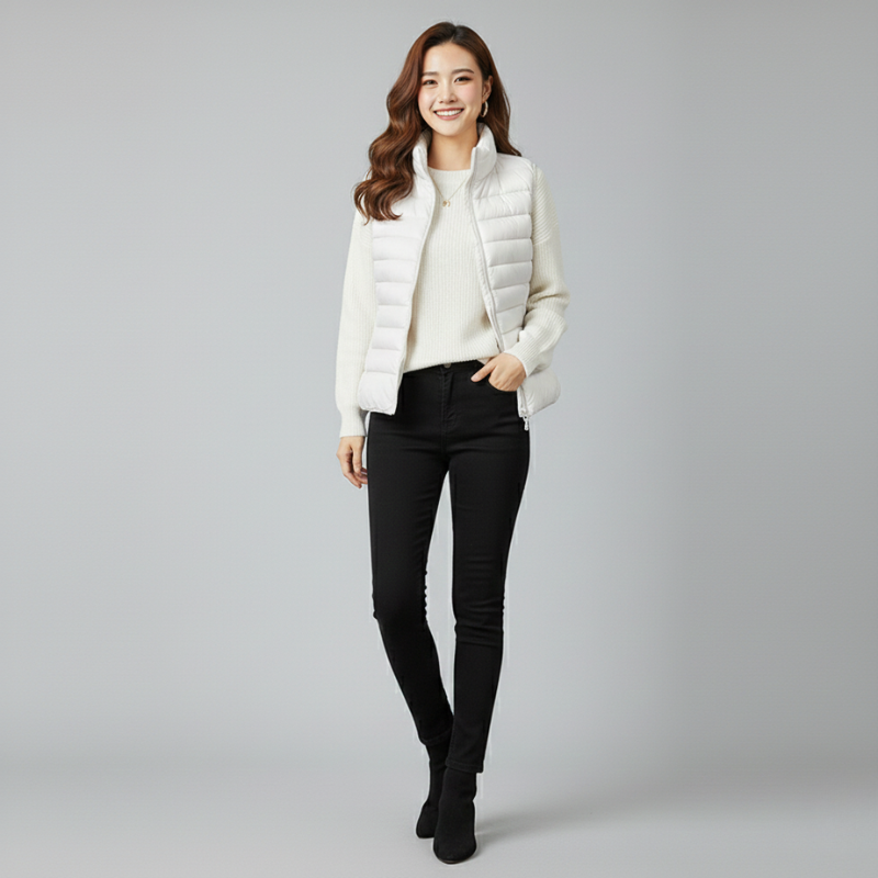Woman wearing a white puffer jacket and black pants on a gray background