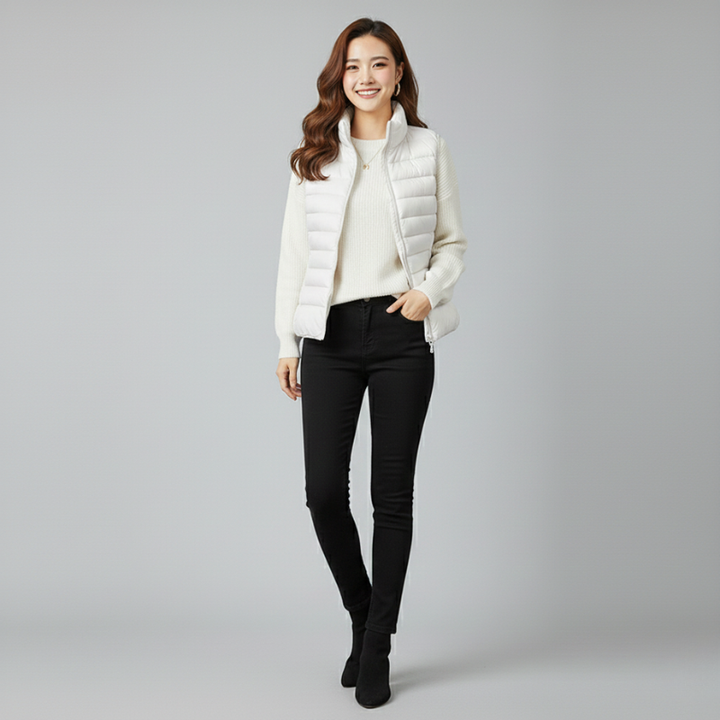 Woman wearing a white puffer jacket and black pants on a gray background