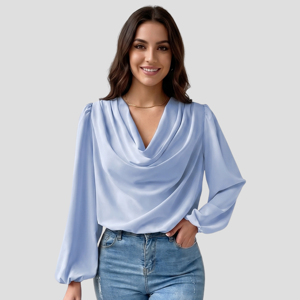 Women Elegant V Neck Blouse Stylish Long Sleeve