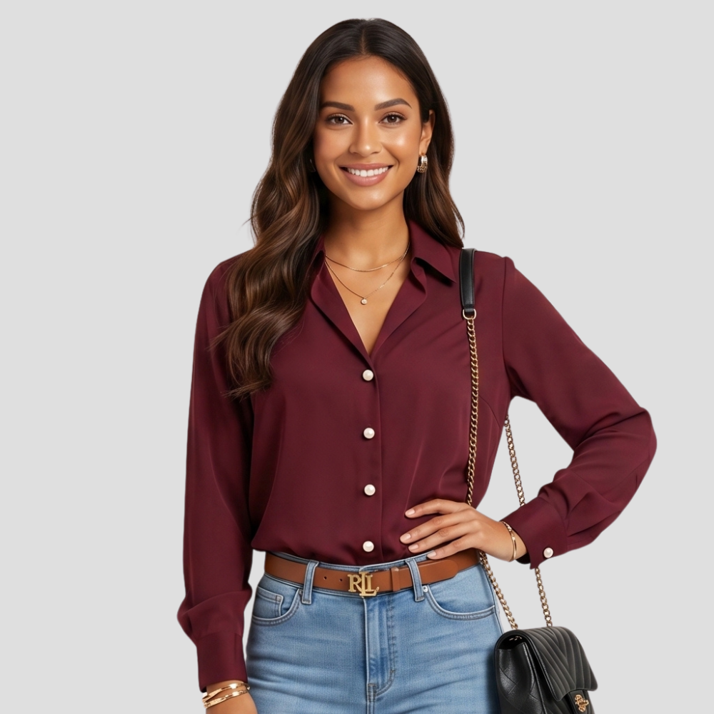 Women Elegant V Neck Button Up Blouse Long Sleeve