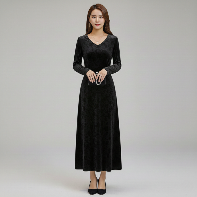 Women’s Elegant Floral Velvet Maxi Dress V Neck Evening