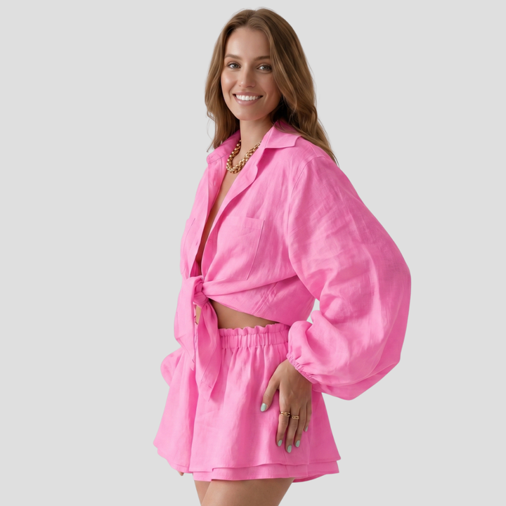 Women Stylish Summer Button Up Shirt Shorts Set