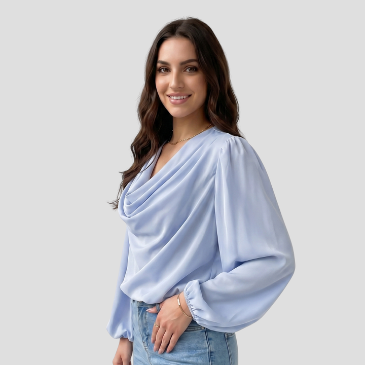 Women Elegant V Neck Blouse Stylish Long Sleeve