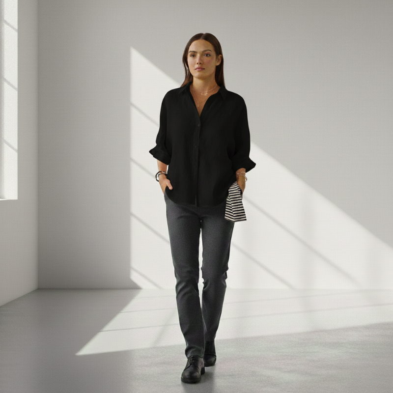 Woman wearing a black shirt and gray pants in a bright room with sunlight filtering through.