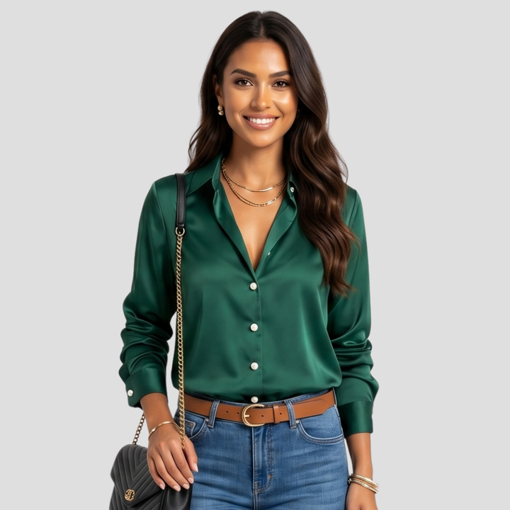 Women Elegant V Neck Button Up Blouse Long Sleeve