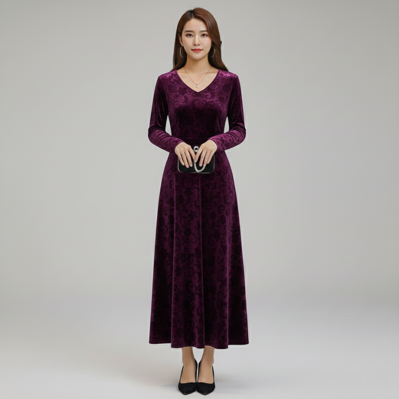 Women’s Elegant Floral Velvet Maxi Dress V Neck Evening