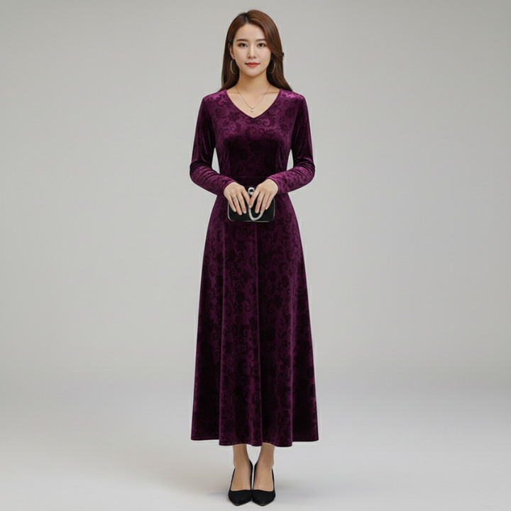 Women’s Elegant Floral Velvet Maxi Dress V Neck Evening