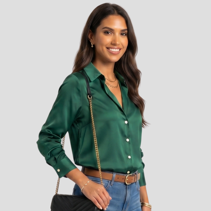 Women Elegant V Neck Button Up Blouse Long Sleeve