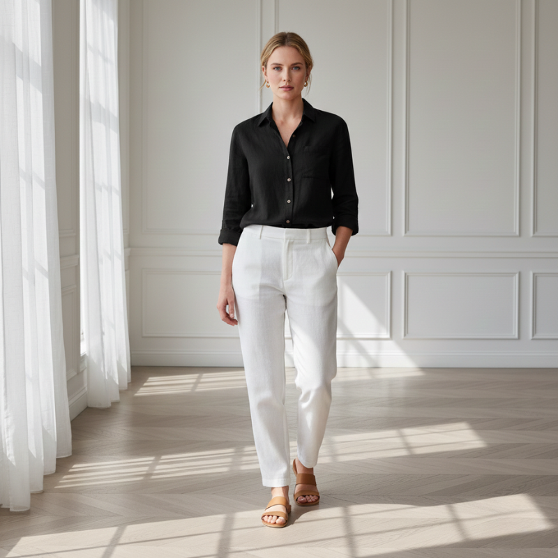 Woman wearing a black shirt and white pants standing in a well-lit room with white walls and curtains.