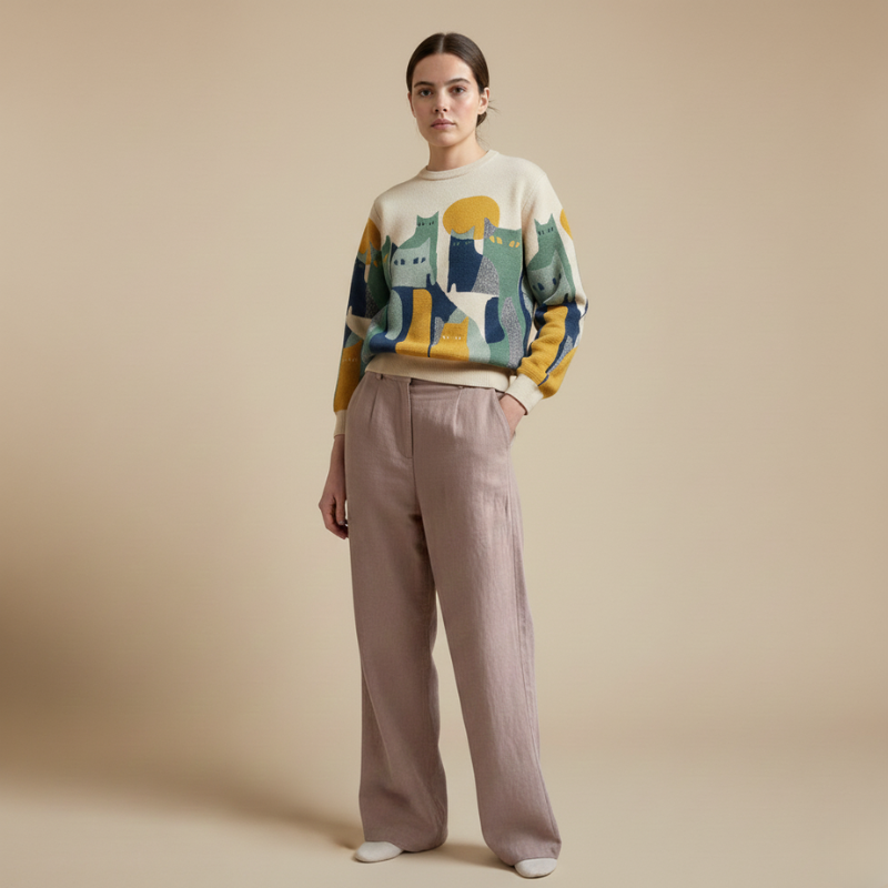 Woman wearing a colorful sweater with cat patterns and beige pants on a beige background