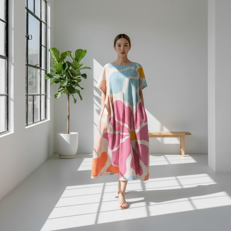 Woman in a colorful dress standing in a bright room with sunlight streaming through the windows.