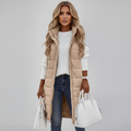 beige hooded puffer vest laid flat on neutral background showing full front design