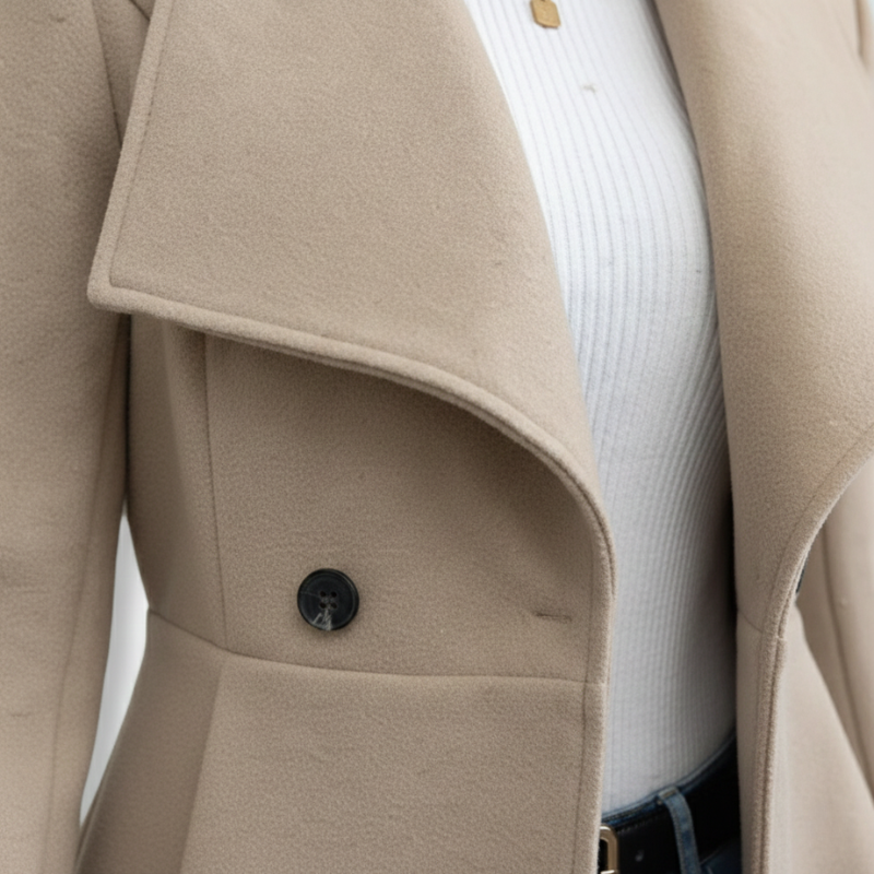 Close-up of a beige coat with a button and white shirt underneath