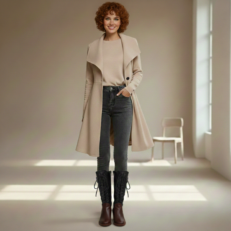 Woman wearing a beige coat, black jeans, and brown boots in a bright room.