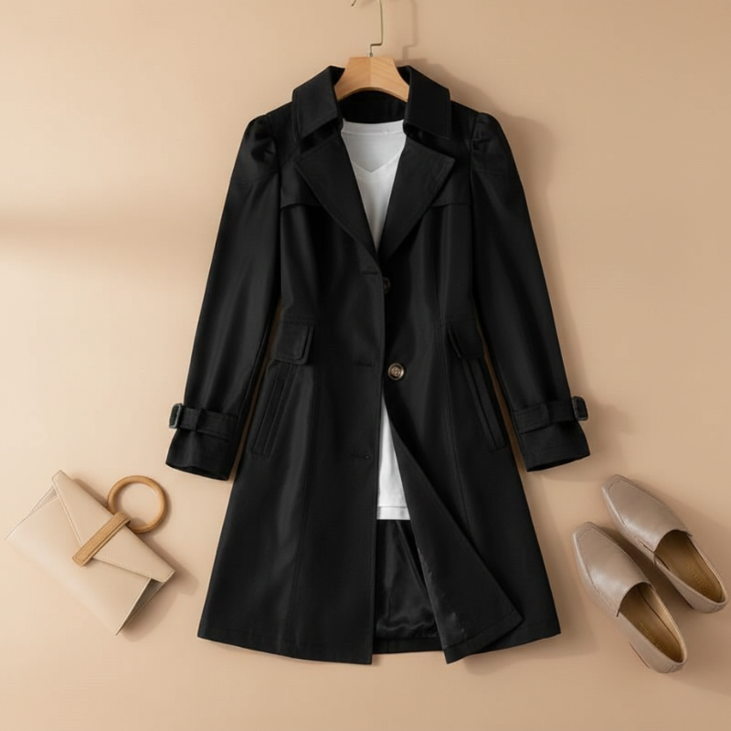 Black tailored long coat displayed neatly on a hanger showing lapels and button closure.