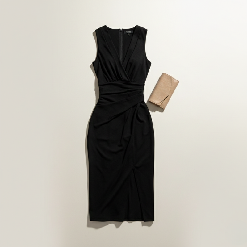 Black dress with a beige clutch on a light beige background