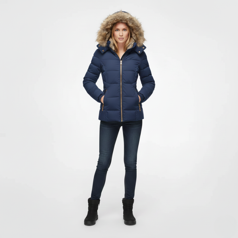 Woman wearing a blue puffer jacket with fur-lined hood on a white background