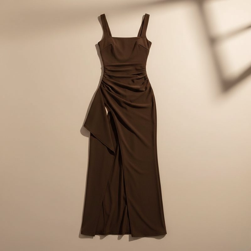 Brown slit evening dress displayed flat on a neutral background showing full shape and design.