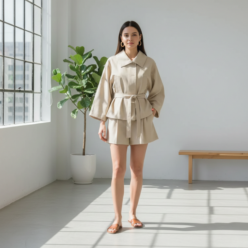 Woman in a beige trench coat and shorts standing in a bright room with a plant and bench.