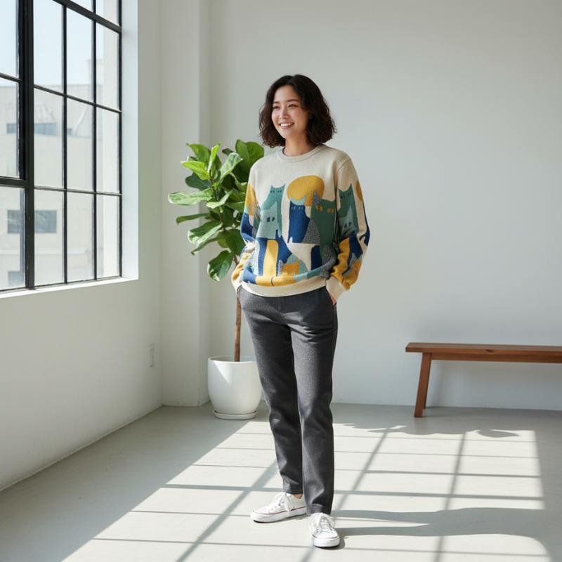Woman wearing a colorful sweater standing in a bright room with large windows.