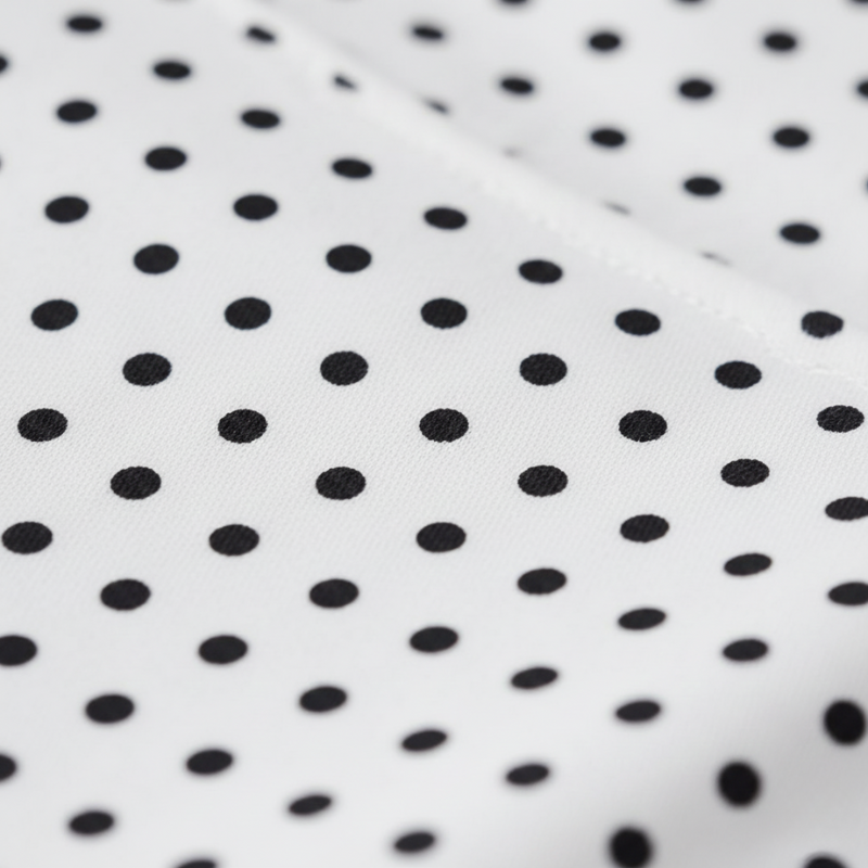 Close-up of black polka dots on a white fabric background