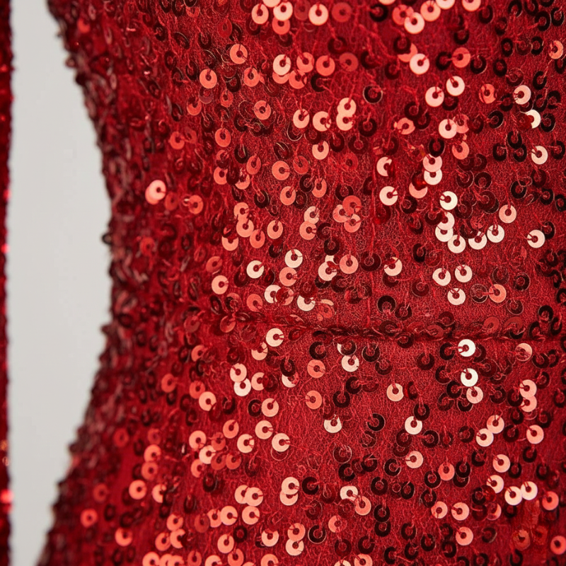 Close-up of a red sequin dress with a plain background