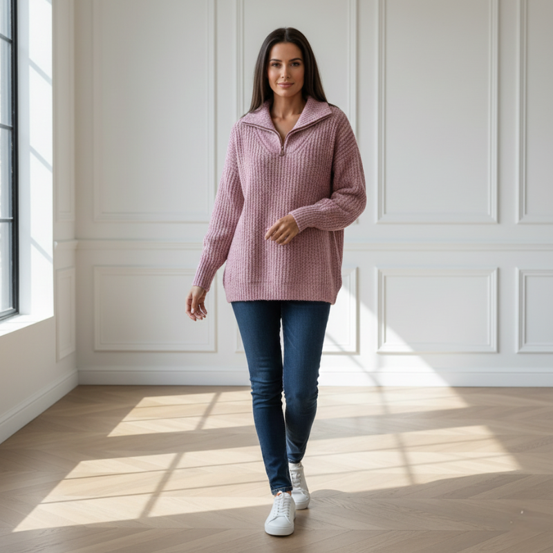 Rosa Strickpullover mit grobem Maschenbild und modernem Kragen, kombiniert mit Jeans in einem hellen Innenraum.