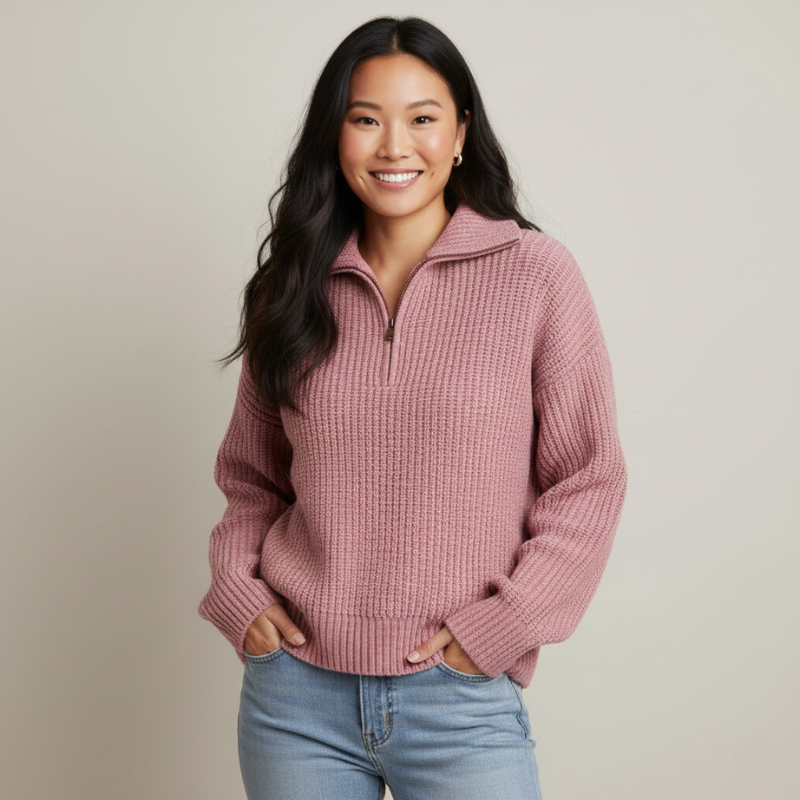 Model trägt einen rosa Strickpullover mit halbem Reißverschluss, grober Struktur und lockerer Silhouette im Studio.