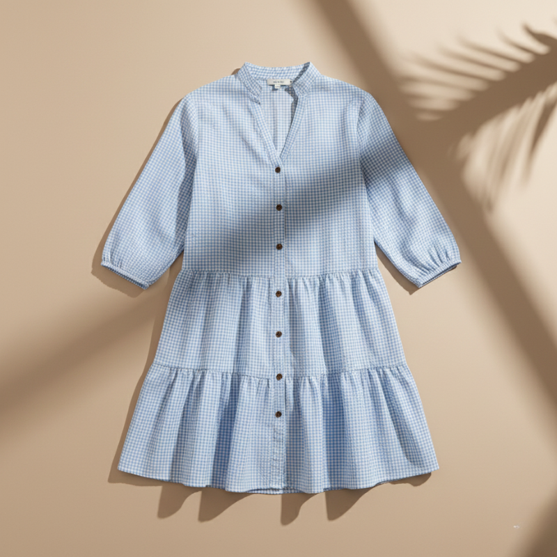 Blue checkered dress on a beige background