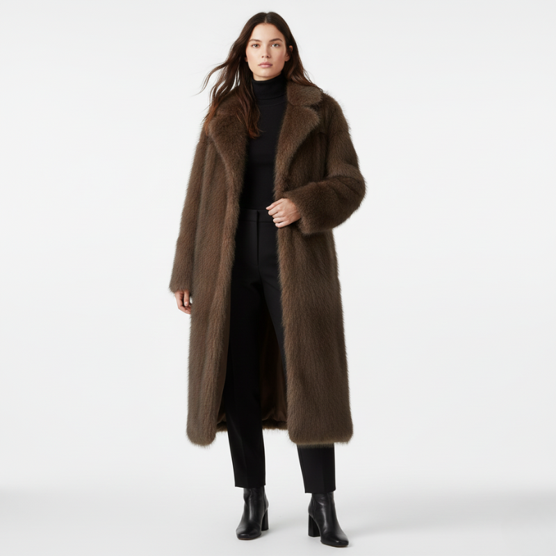 Woman wearing a long brown coat on a white background