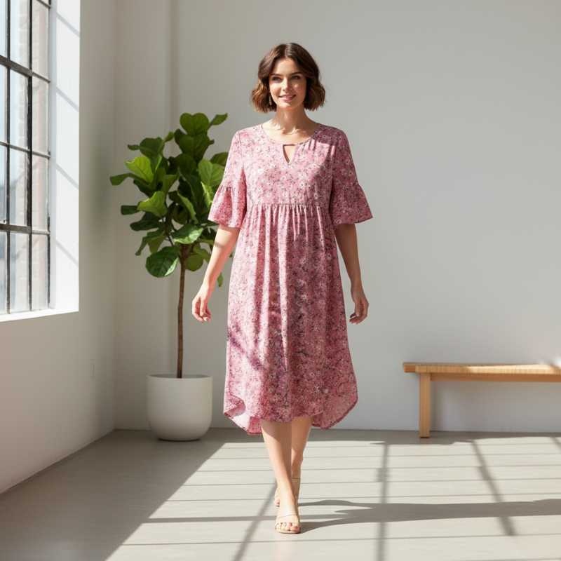 Woman in a pink floral dress standing in a bright room with a plant and bench.