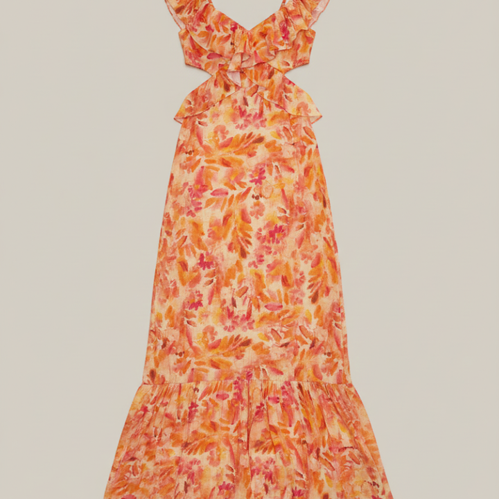 Back or flatlay view of an orange floral ruffle maxi dress displayed against a neutral background.