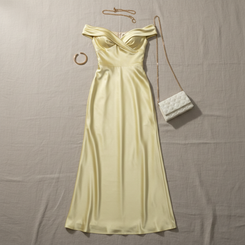 Yellow off-shoulder dress with a handbag and bracelet on a beige background