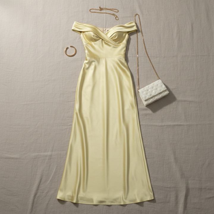 Yellow off-shoulder dress with a handbag and bracelet on a beige background