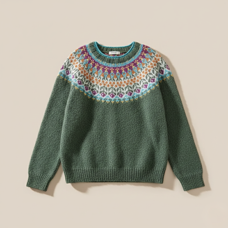 Flatlay of a green knit sweater with a colorful round-yoke pattern placed on a beige surface.