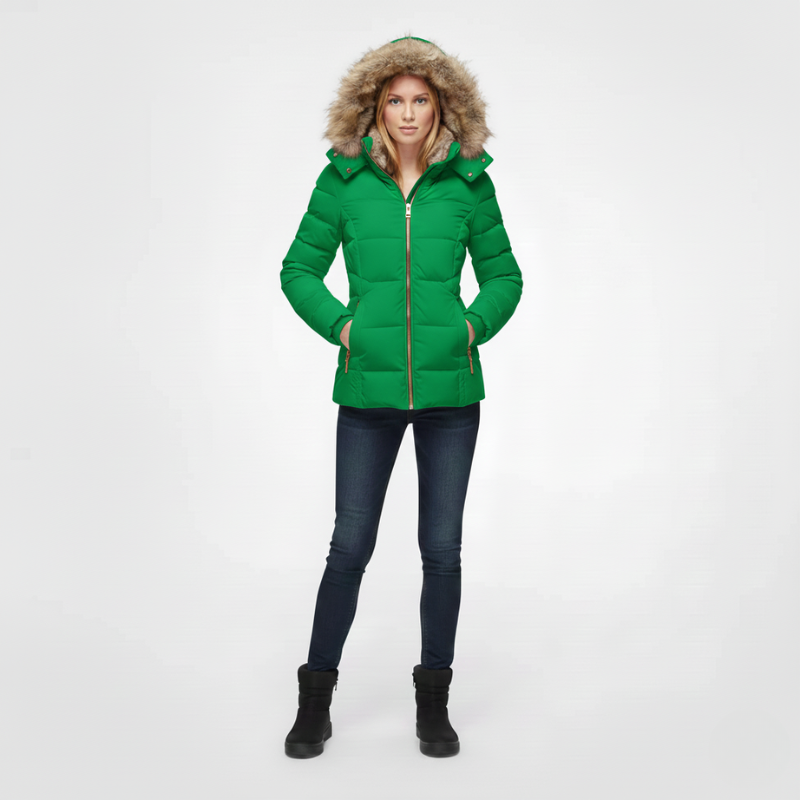 Person wearing a green puffer jacket with fur-lined hood on a white background