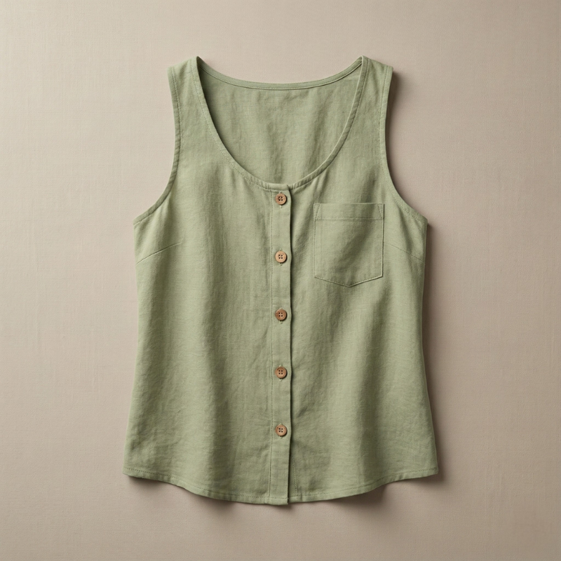 light green sleeveless button tank top laid flat against neutral background