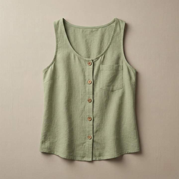 light green sleeveless button tank top laid flat against neutral background